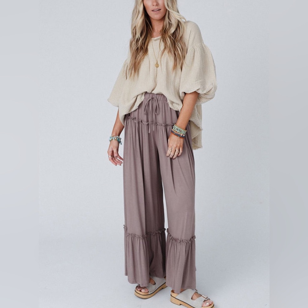 Wide Leg Ruffle Trim Pants